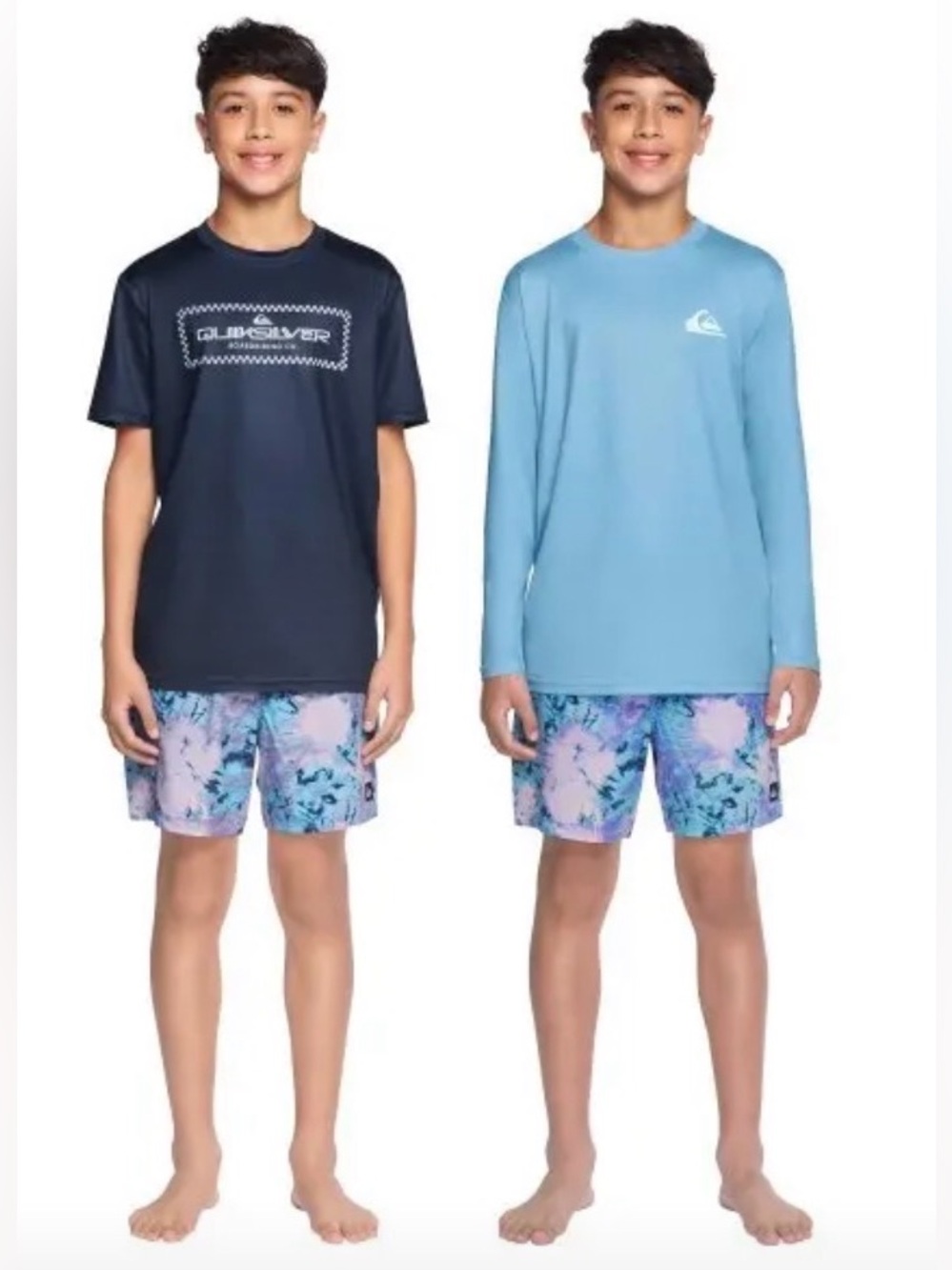 NWT 3 PC Quiksilver Kids Swim Trunks and Tops Rash Guard Set size XS 5/6